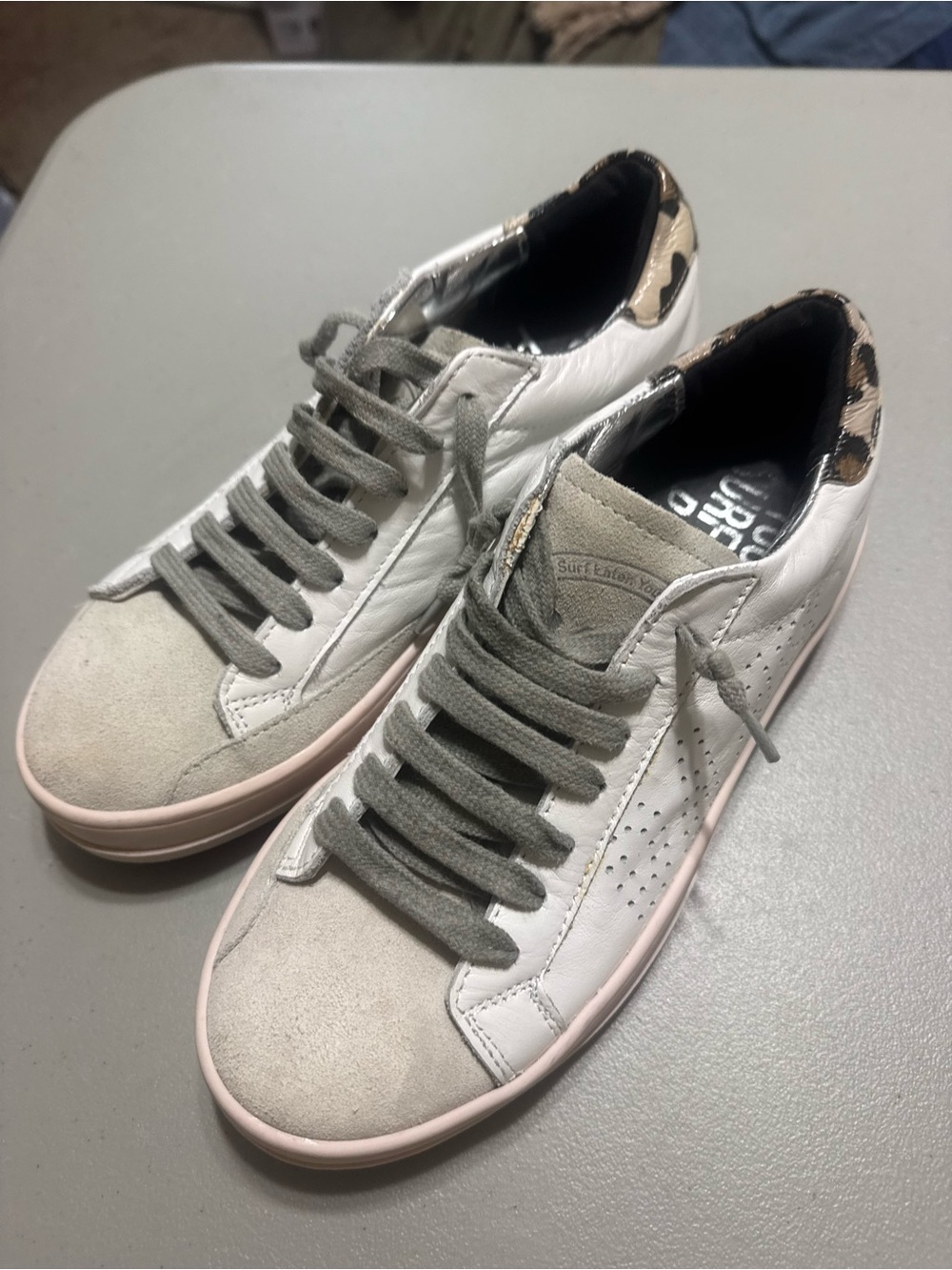P448 Women’s White Sneakers with Gray Suede and Leopard Heel